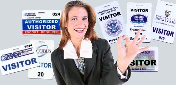 main center graphic woman with various visitor badges and visitor passes